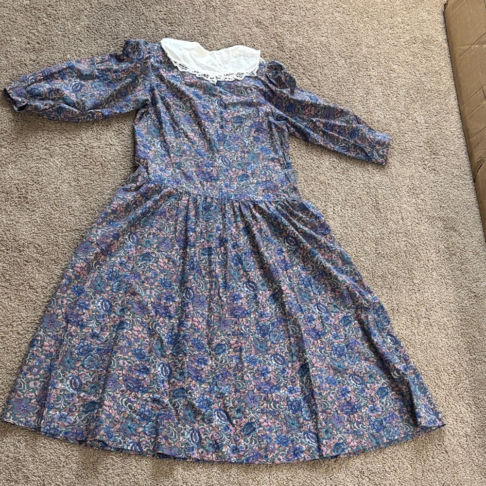Vintage 1980’s Lana Originals dresFloral Lace Collar Midi Dress in Blue and Pink